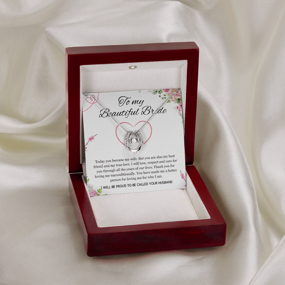 Wedding Day Gift for Bride from Groom, Lucky in Love Necklace to My Beautiful Wife from Husband Present Jewelry
