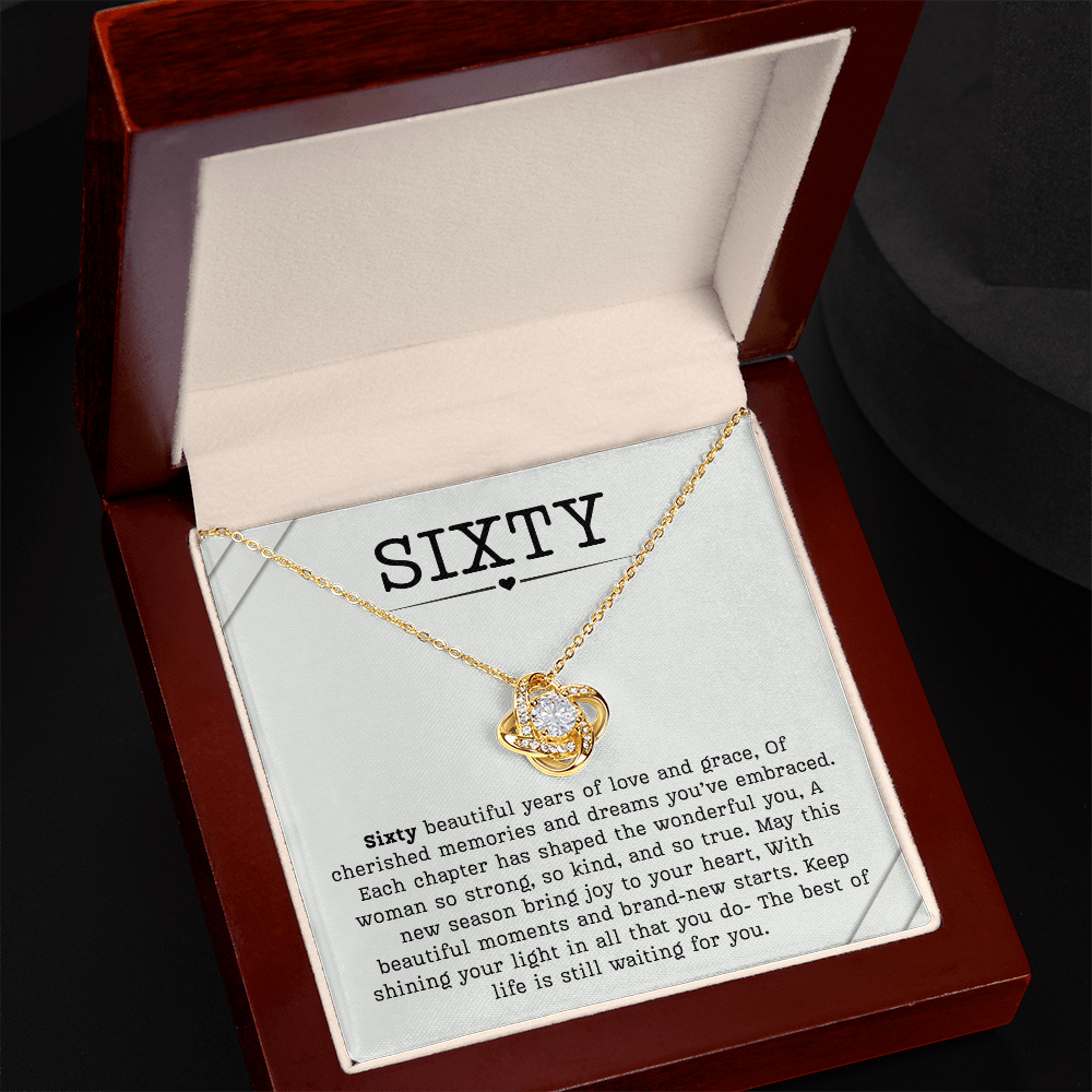 60th Birthday Necklace, Turning 60 Jewelry, Milestone sixty Birthday Gift Love Knot Present