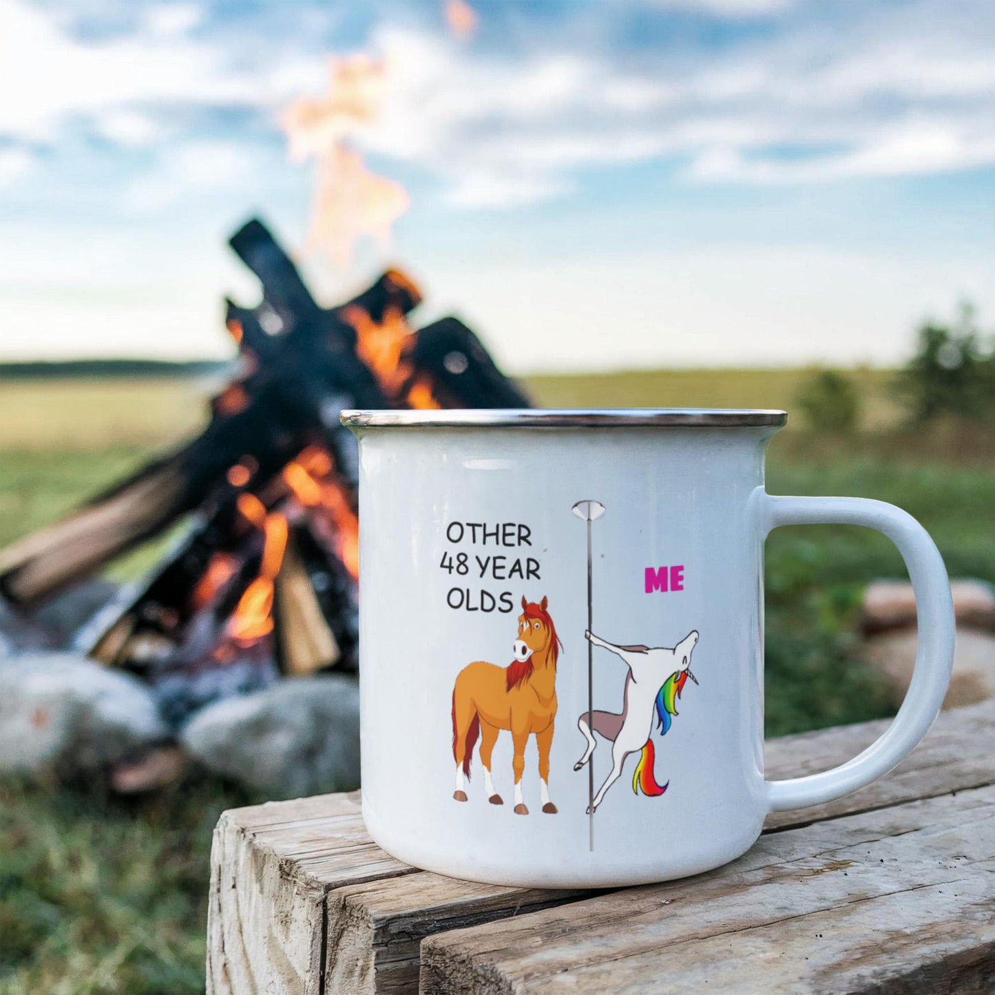 48th Birthday Unicorn Camper Coffee Mug - Other 48 Year Olds Me Unicorn Coffee Mug -12 Oz Stainless Steel Enamel Finish White Camper Coffee Mug