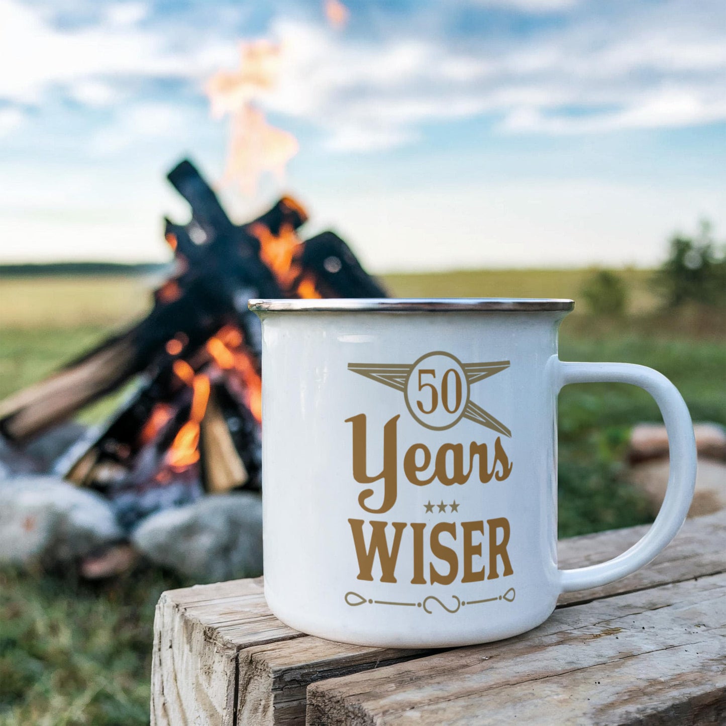 50th Birthday Coffee Mug, for Father, Mother, 50 Years Wiser, Mug For 50th Birthday- 12 oz Stainless Steel Enamel Finish White Camper Coffee Mug