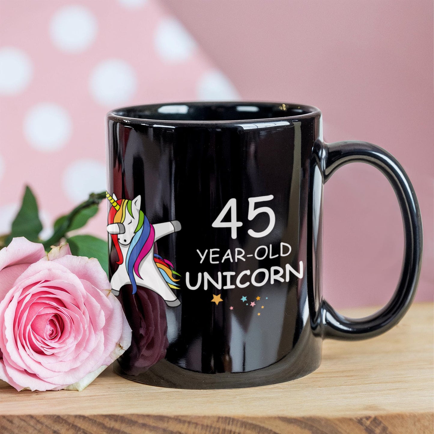 Unicorn Birthday gift 45th Birthday Gift for Women - 45 Year Old Unicorn Dabbing Mug - Funny Black Porcelain Coffee 11 oz, 45th Anniversary Bday Gift