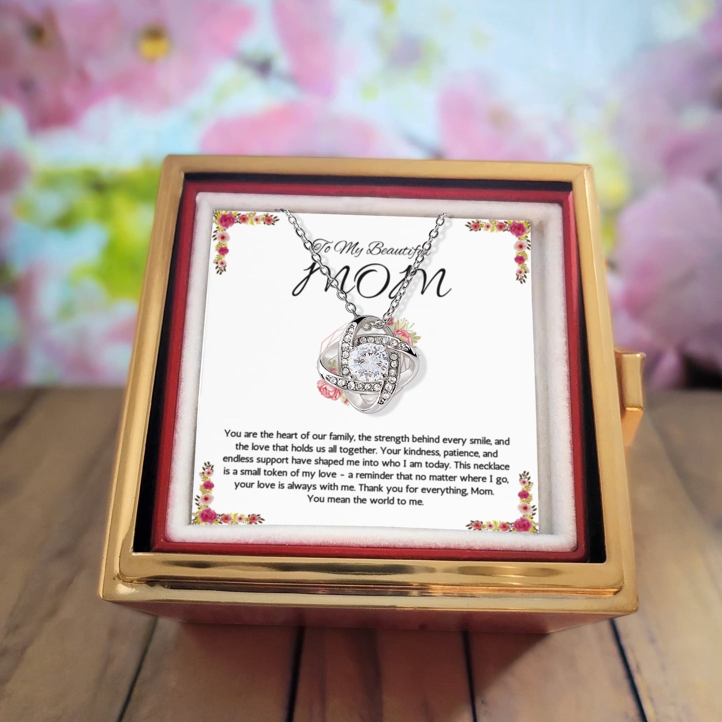 To my Mom Gift Necklace, Mothers Day Gift Necklace, Love Knot with Rotating Rose Gift Box, Moms Birthday, Gift from Son, Daughter, Mothers Day Jewelry