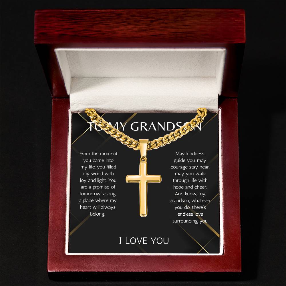 Grandson Cross Necklace wit Cuban Chain Jewelry for Grandson From Grandma Grandpa Birthday Graduation Christmas Gift Grandparent