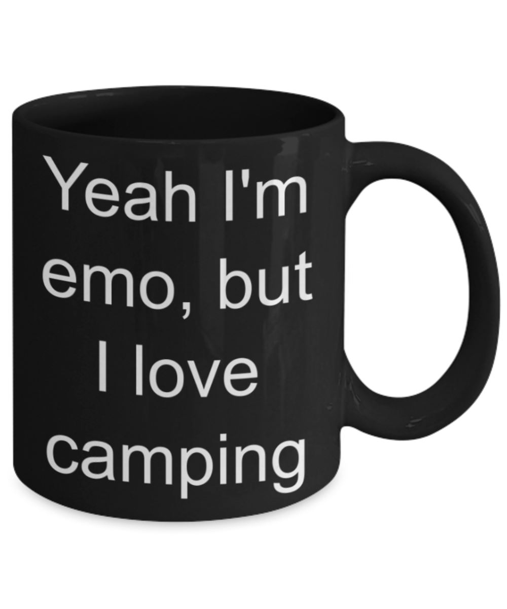 Camping lovers gifts mugs, Yeah i'm emo But I love camping - Funny Black Porcelain Coffee Mug Cute Ceramic Cup 11 oz