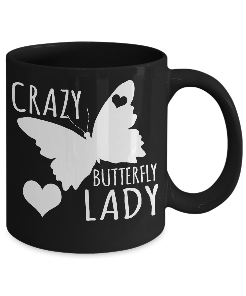 Butterfly Coffee Mug, Crazy Butterfly Lady -Black Porcelain Coffee Mug 11 Oz