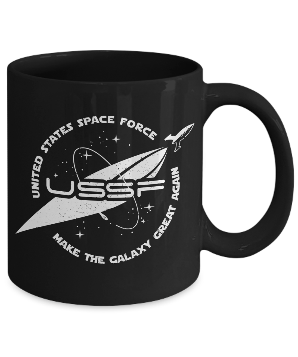 Trump 2020 Flag mugs, United State Space Force Make the Galaxy Great Again - Funny Black Porcelain Coffee 11 oz