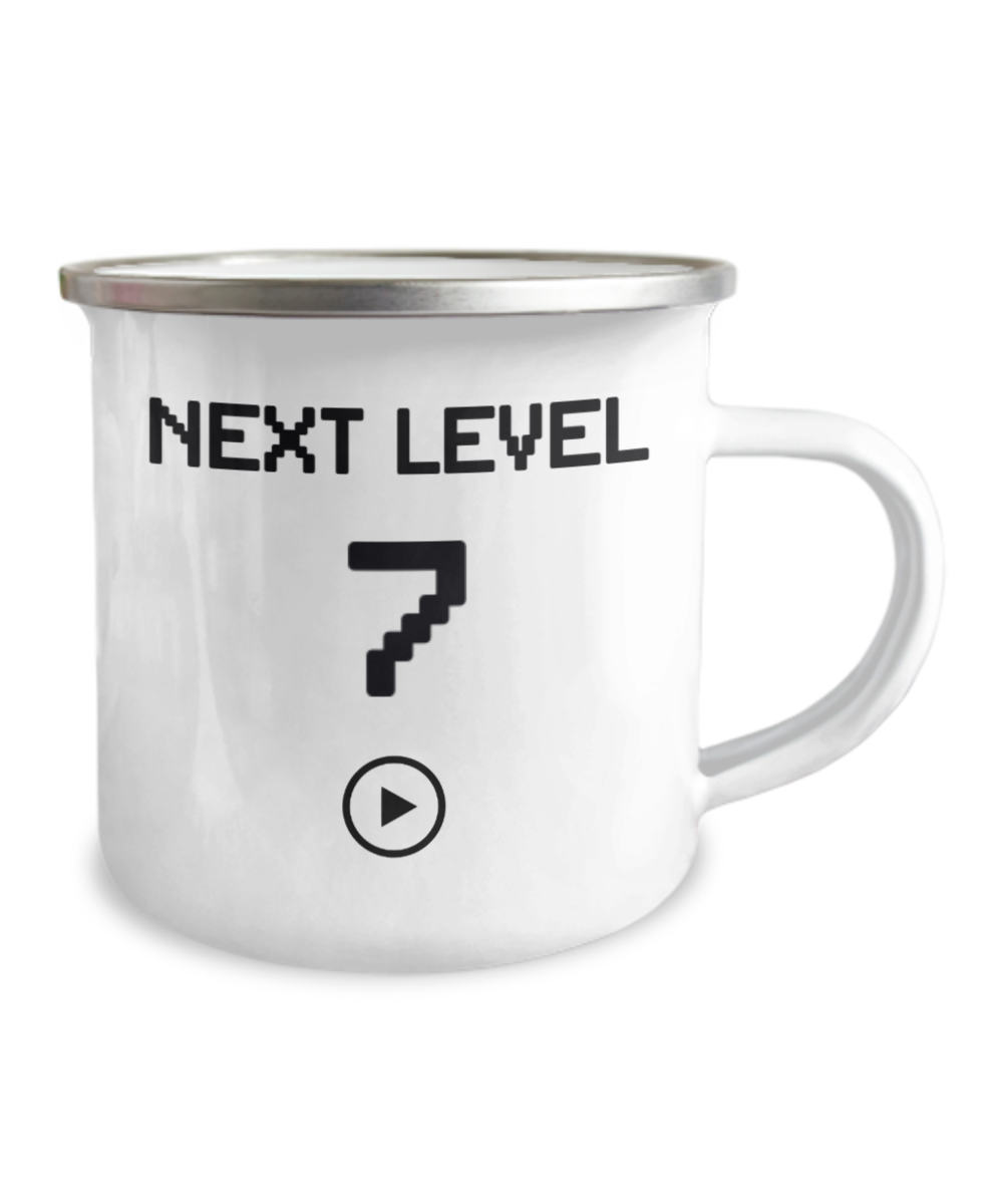 7th Birthday Gift Coffee Mug For Kids, Next Level 7, Gamer Coffee Mug, Birthday Mug- 12 Oz Stainless Steel Enamel Finish White Camper Coffee Mug