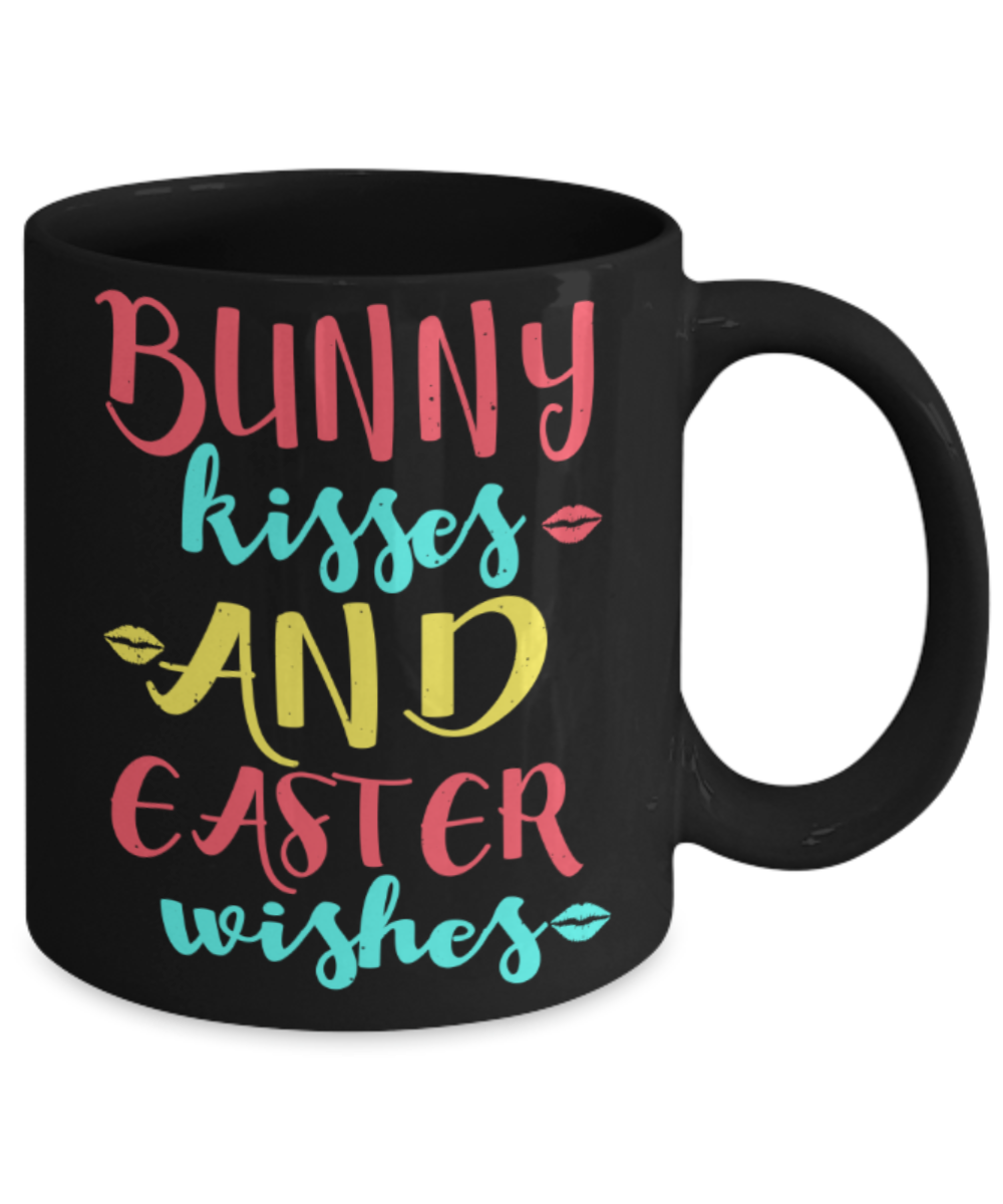 Easter bunny mugs - Bunny kisses & Easter Wishes - Funny Black Porcelain Coffee Mug Cute Ceramic Cup 11 oz