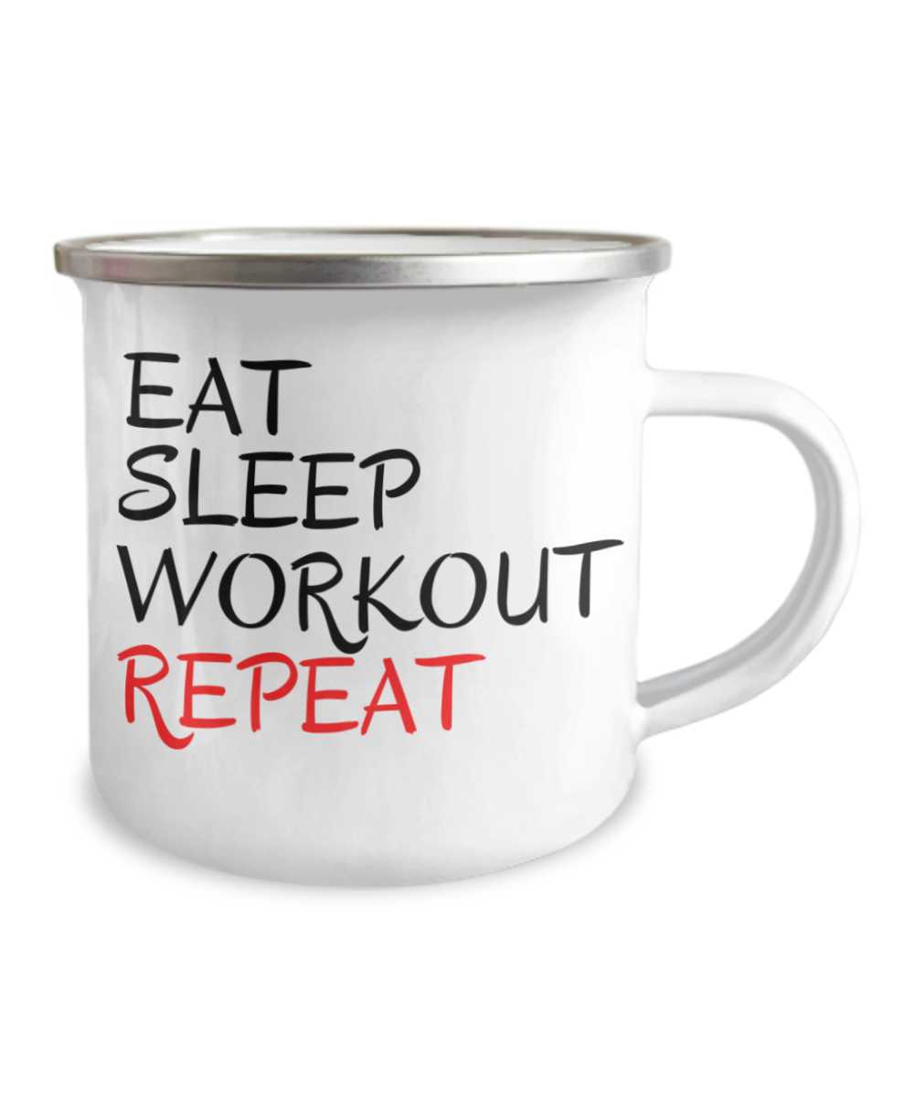 Eat Sleep Workout Repeat, Workout Coffee Mug, Gym Coffee Mug, Fitness Lover Mug- 12 Oz Stainless Steel Enamel Finish White Camper Coffee Mug