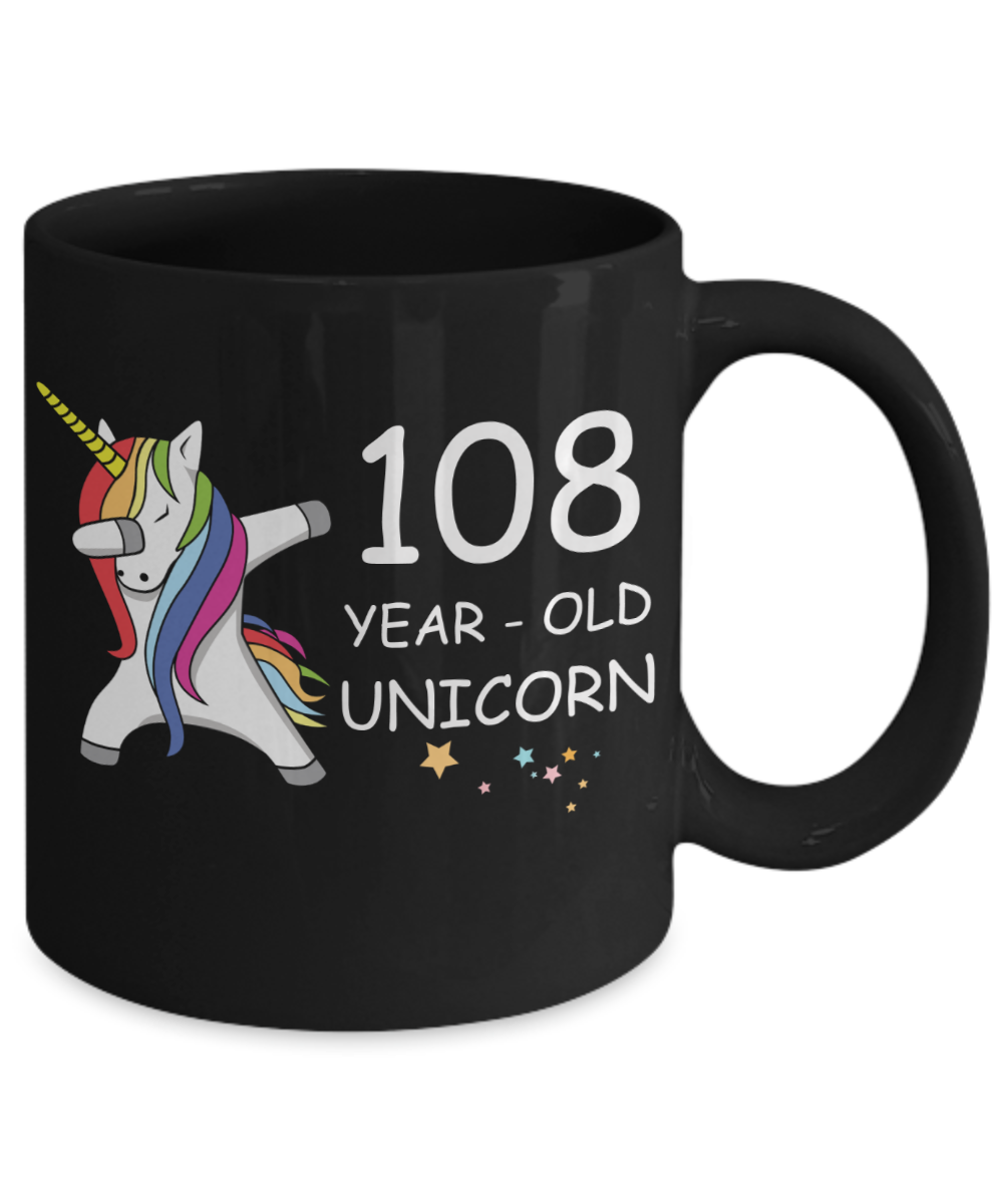 Unicorn Birthday gift 108th Birthday Gift for Women - 108 Year Old Unicorn Dabbing Mug - Funny Black Porcelain Coffee 11 oz, 108th Anniversary Bday Gift for Grandma, Mom, Sister, Bestie - Legends are Born In 1912