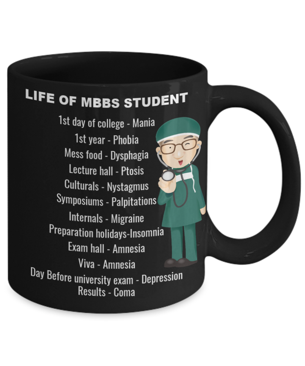 Med school mugs, Life of MBBS student - Black Porcelain Coffee 11 oz