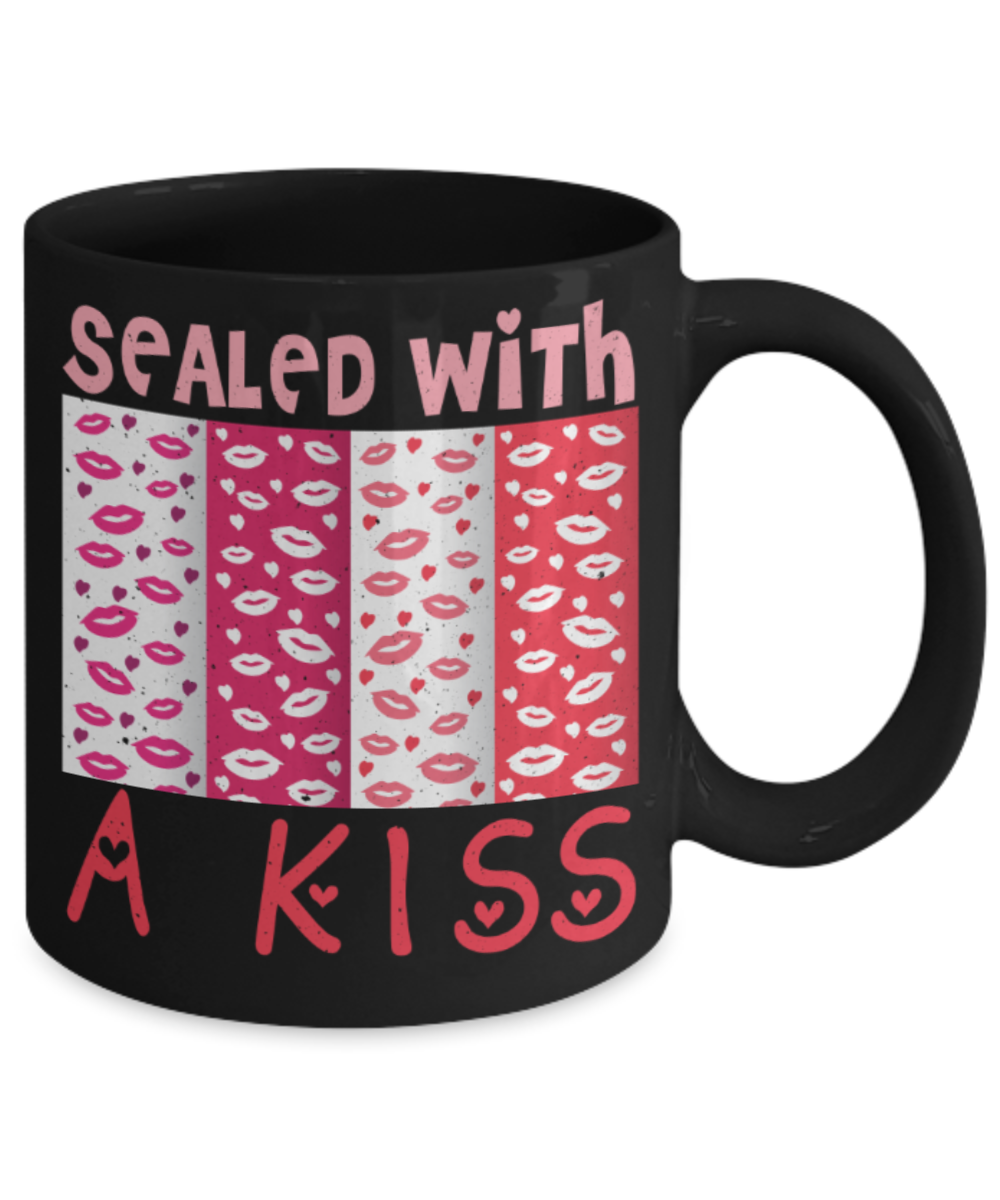 Kiss Lovers Mugs, Sealed with a Kiss - Funny Black Porcelain Coffee 11 oz