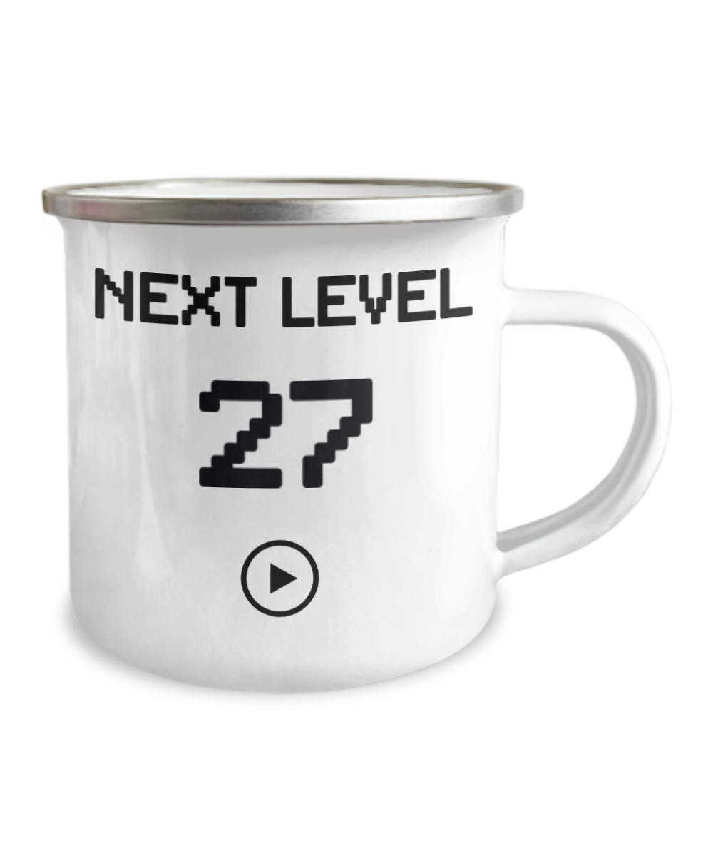27th Birthday Special Gift Coffee Mug, Next Level 27, Gamer Coffee Mug, Birthday Mug- 12 Oz Stainless Steel Enamel Finish White Camper Coffee Mug