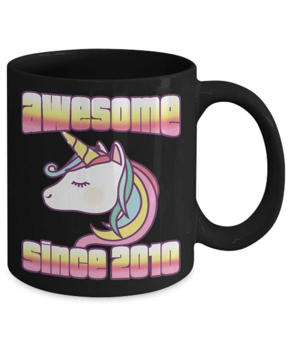 11th Birthday Unicorn Gift Coffee Mug, Awesome Since 2010- Black Porcelain Coffee Mug 11 Oz Funny Quotes Coffee Mug