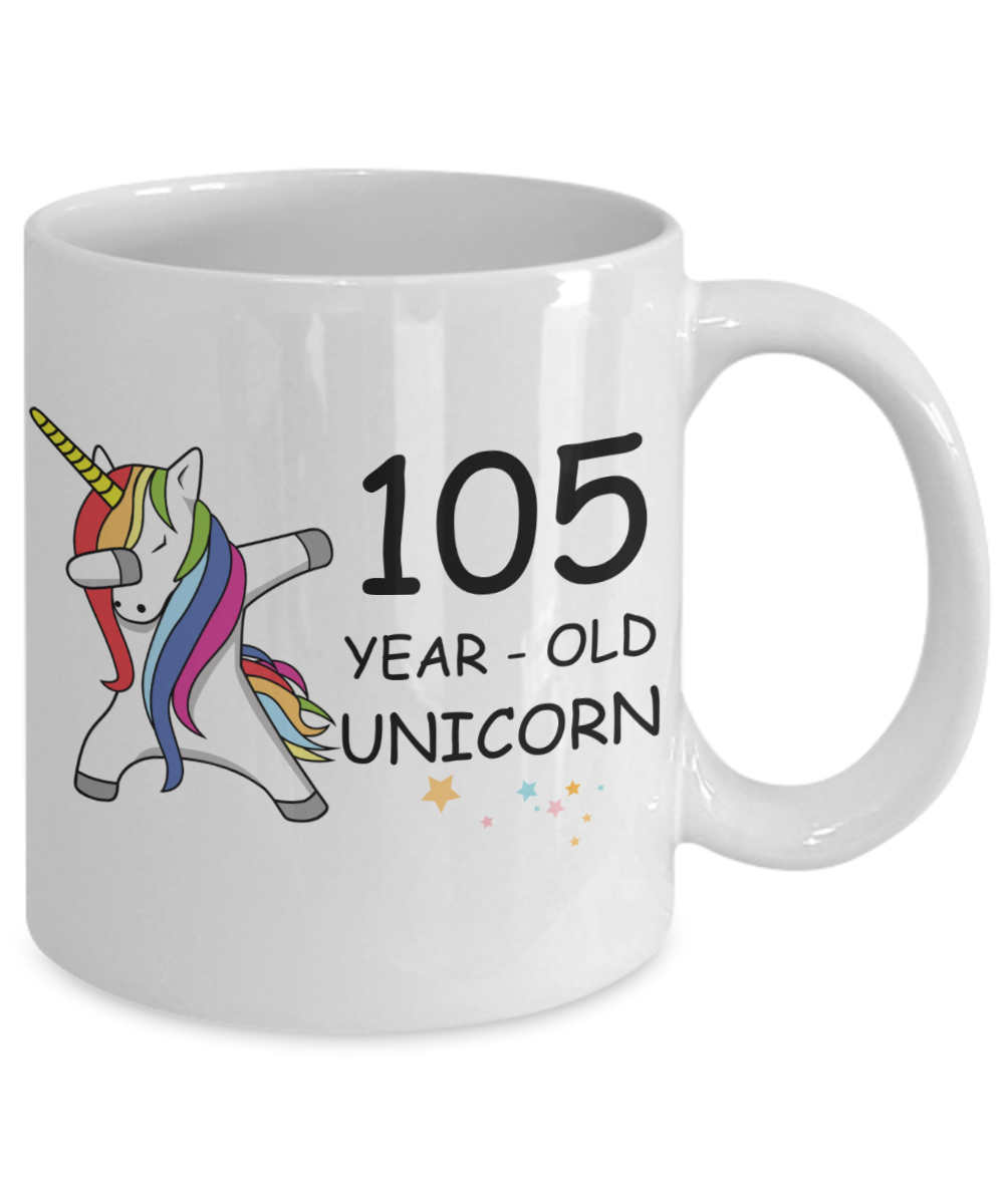 Unicorn Birthday gift 105th Birthday Gift for Women - 105 Year Old Unicorn Dabbing Mug - Funny White Porcelain Coffee 11 oz, 105th Anniversary Bday Gift for Grandma, Mom, Sister, Bestie - Legends are Born In 1915