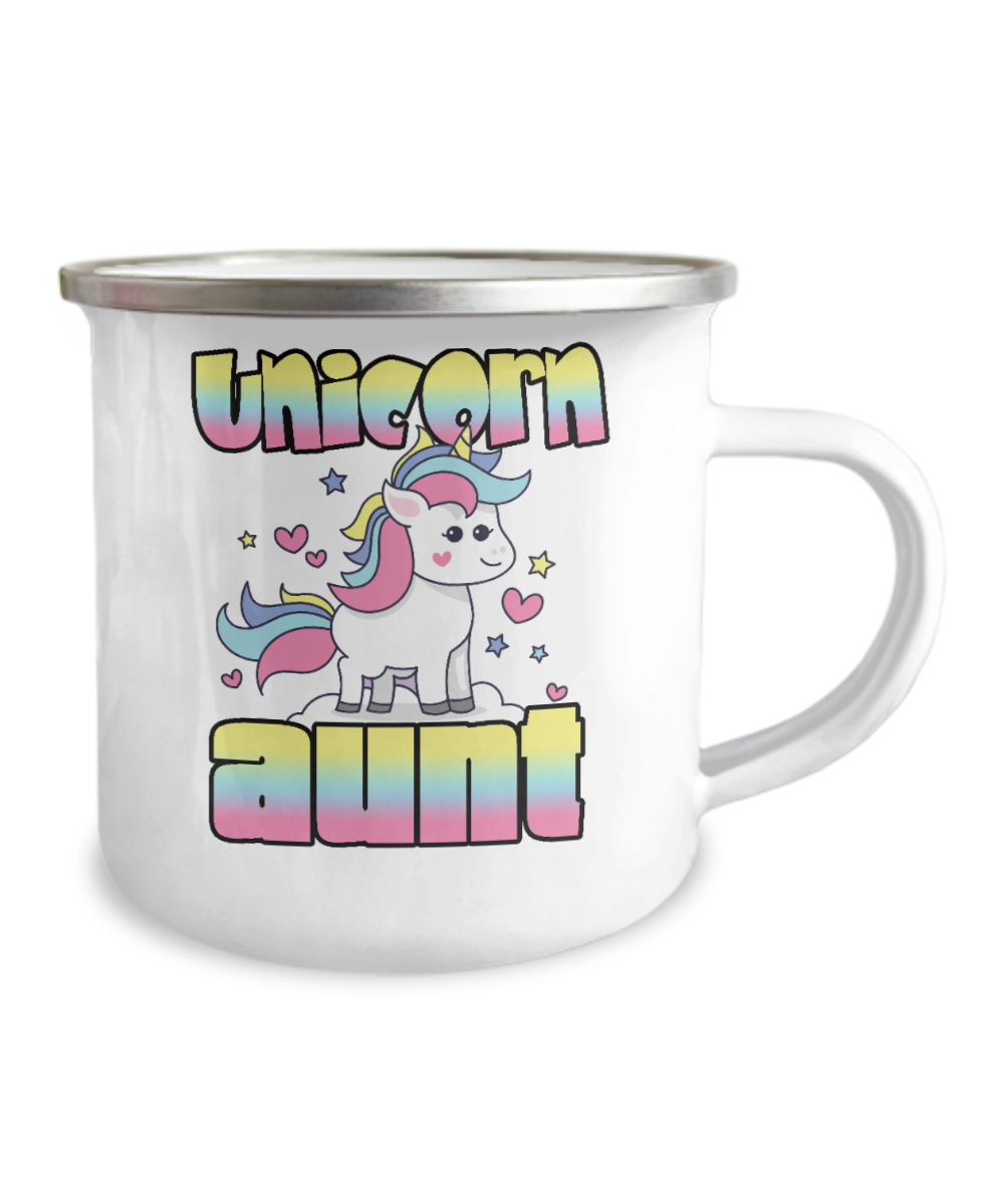 Aunt Coffee Mug, Unicorn Aunt, Aunt mug, coffee mug for aunt- 12 Oz Stainless Steel Enamel Finish White Camper Coffee Mug
