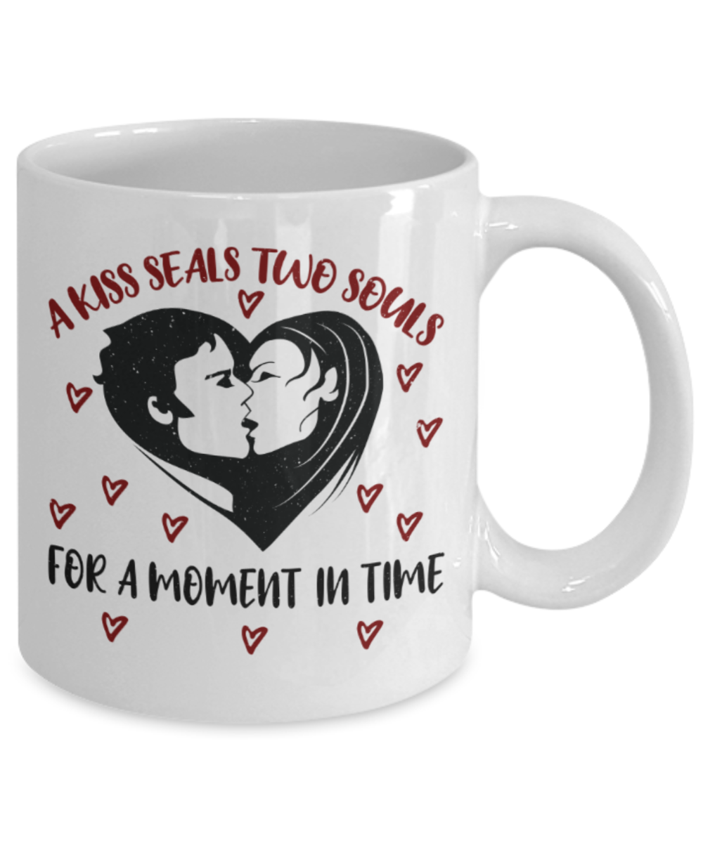 Kiss Lovers Mugs, A kiss seals two souls for a moment in time - Funny Black Porcelain Coffee 11 oz