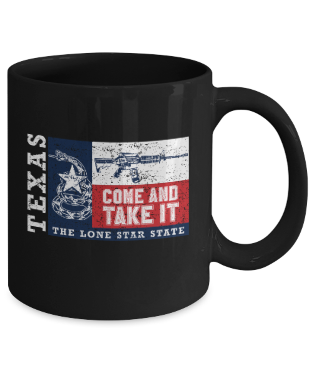 Gunrights Texas Mugs, Come and Take it - Black Coffee Mug Porcelain Tea Cup 11 oz - Great Gift