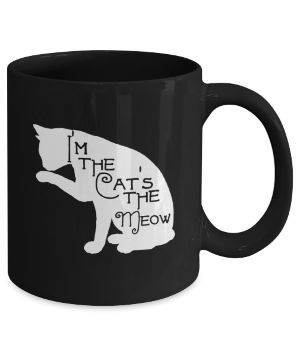 Gift gor cat lovers , Cat's the meow - Black Coffee Mug Porcelain Tea Cup 11 oz - Great Gift