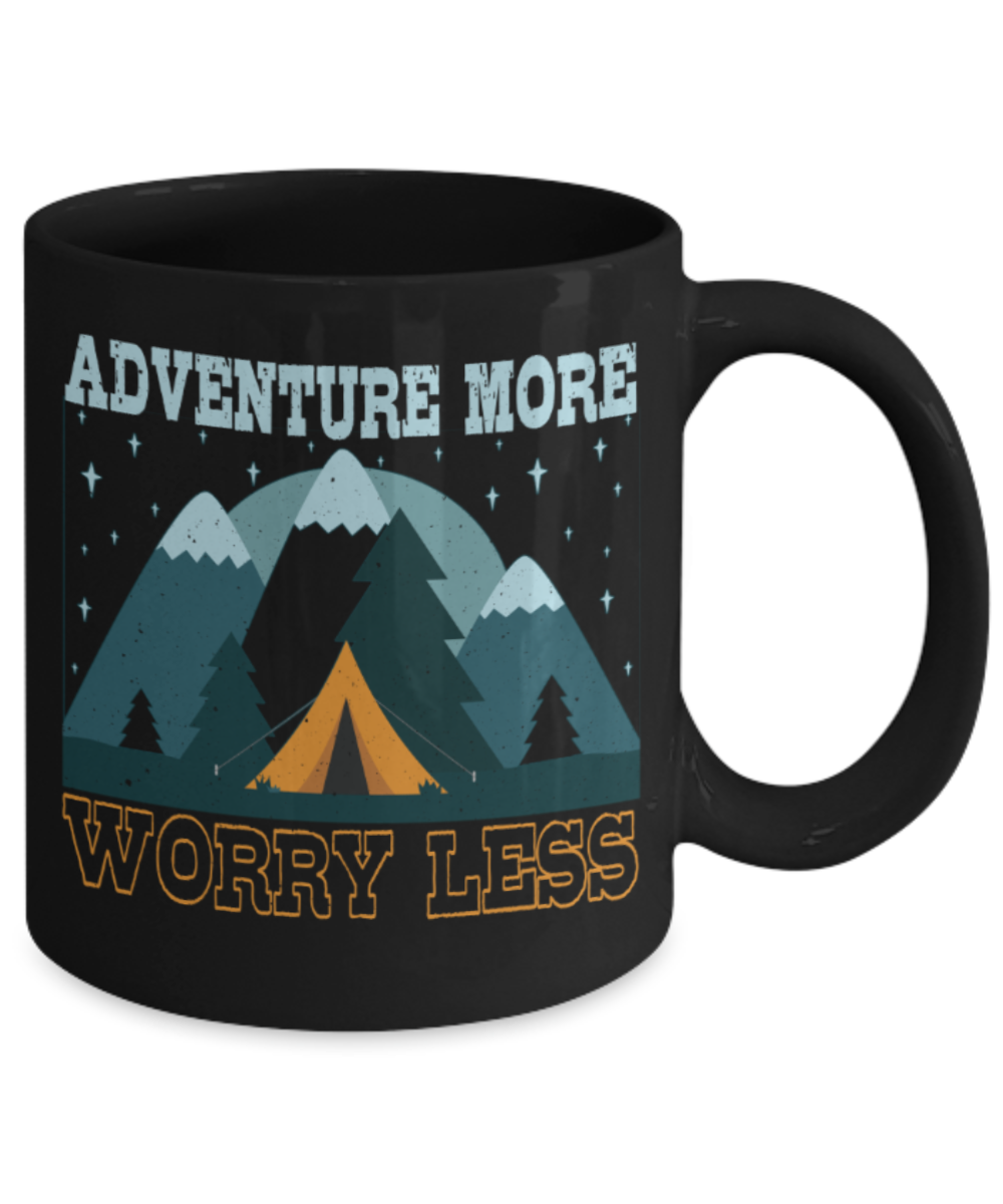 Adventure Lovers Mugs, Adventure more worry less - Funny Black Porcelain Coffee 11 oz