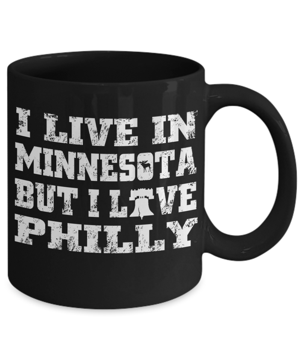 Philadelphia State Love Gift Coffee Mug, I Live In Minnesota But I Love Philly-Black Porcelain Coffee Mug 11 oz