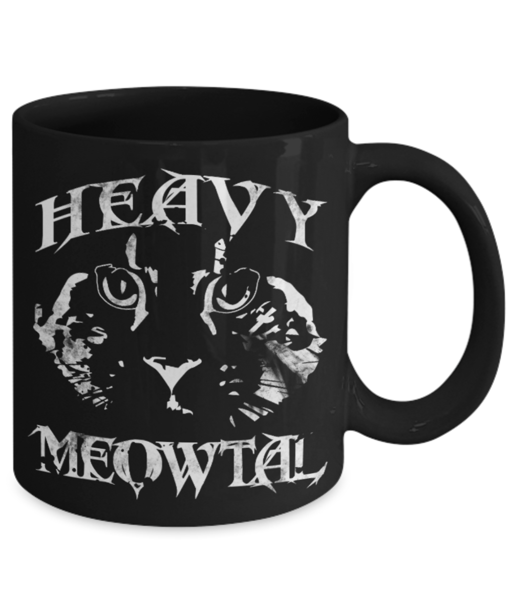 Cat lovers Mugs , Heavy Meowtal - Black Coffee Mug Porcelain Tea Cup 11 oz - Great Gift