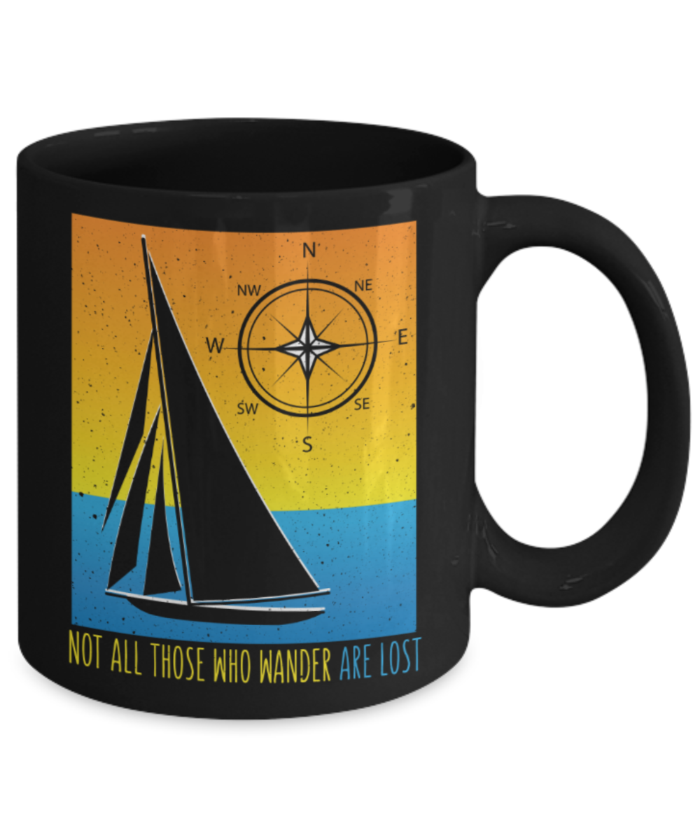 Travelling Lovers Mugs, Not all those wander are lost - Funny Black Porcelain Coffee 11 oz