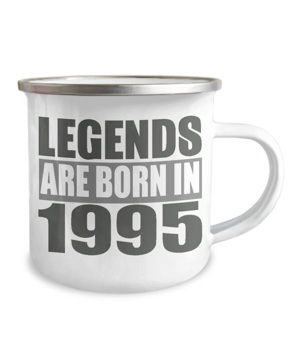 26th Birthday Coffee Mug, Legends Are Born In 1995- 12 Oz Stainless Steel Enamel Finish White Camper Coffee Mug