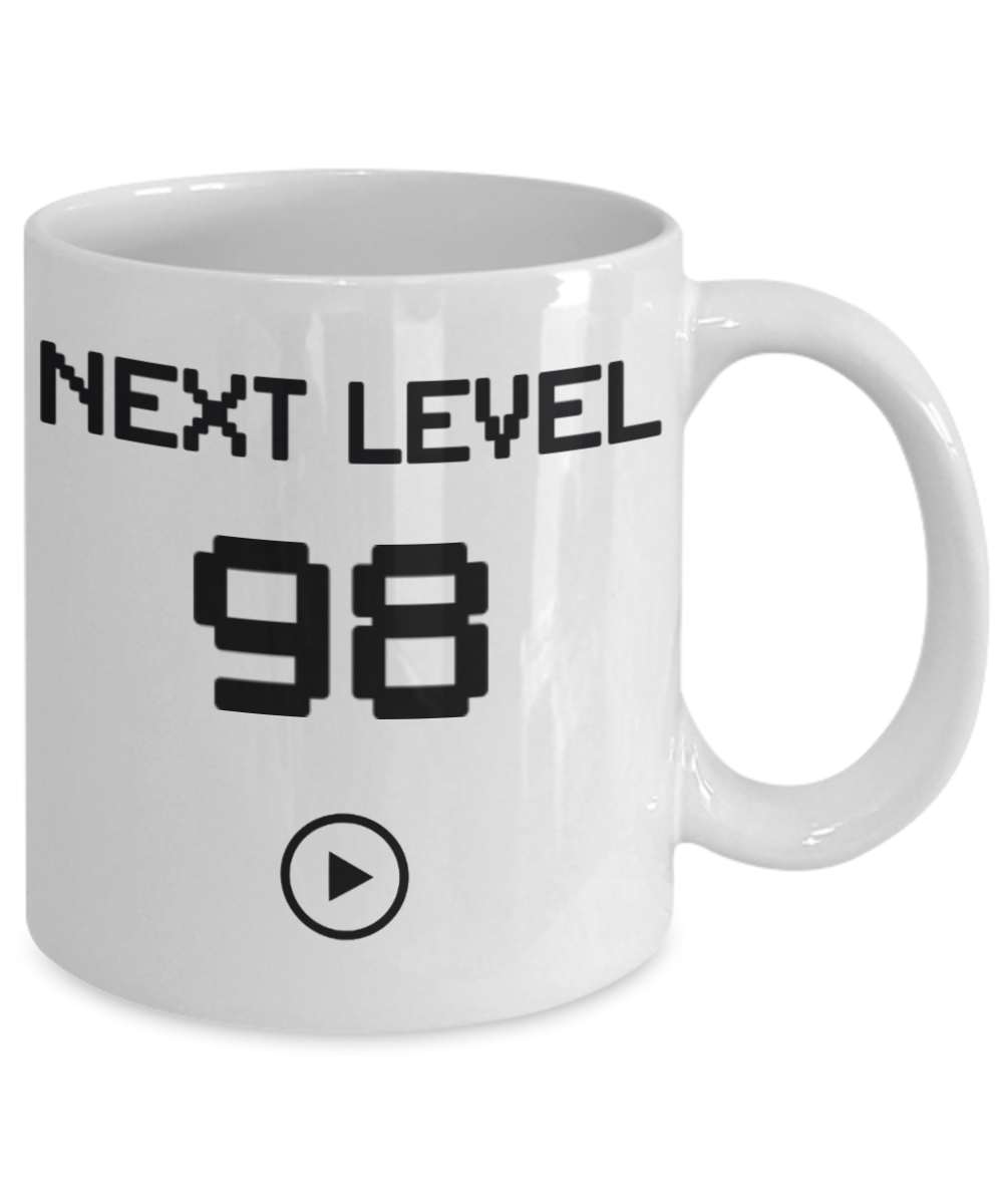 98th Birthday Coffee Mug, Next Level 98, Gamer Coffee Mug, Birthday Mug- White Porcelain Coffee Mug 11 Oz Birthday Coffee Mug