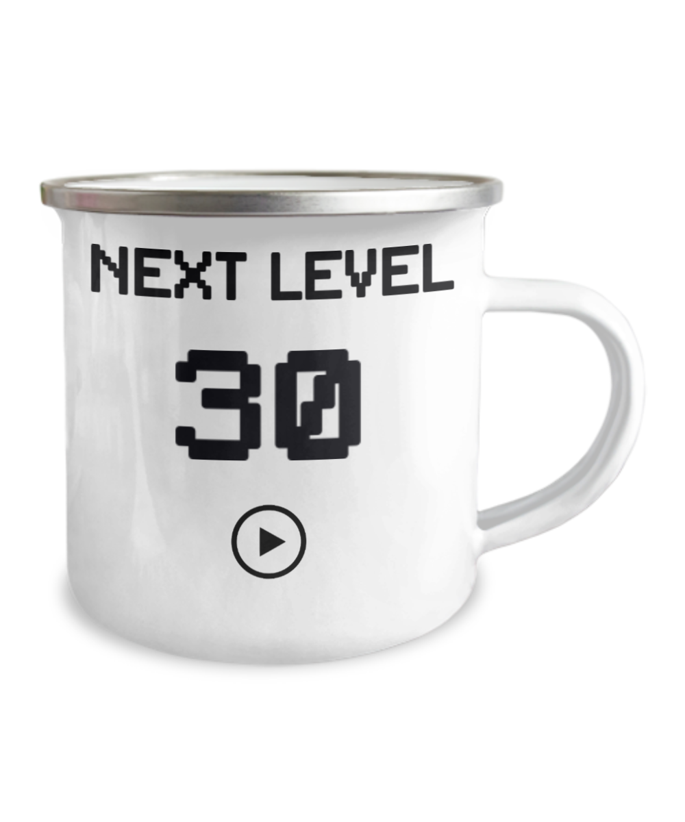30th Birthday Special Gift Coffee Mug, Next Level 30, Gamer Coffee Mug, Birthday Mug- 12 Oz Stainless Steel Enamel Finish White Camper Coffee Mug