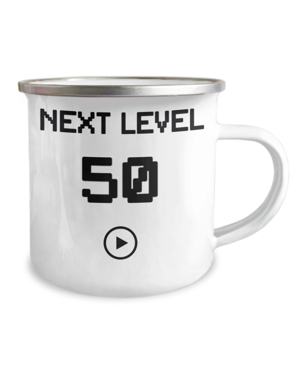 50th Birthday Coffee Mug, Next Level 50, Gamer Coffee Mug, Birthday Mug- 12 Oz Stainless Steel Enamel Finish White Camper Coffee Mug