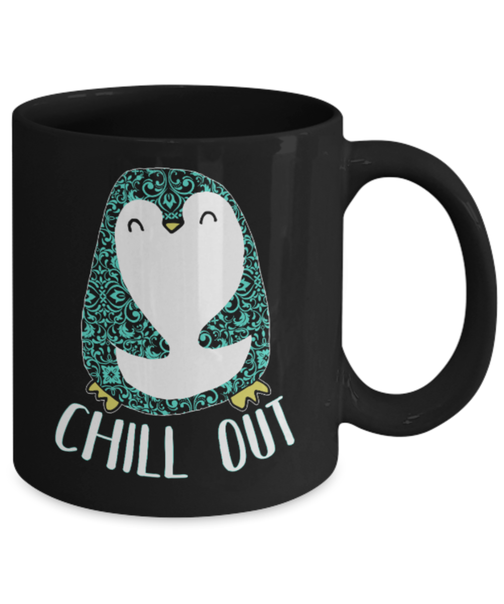 Chill out - Black Coffee Mug Porcelain Tea Cup 11 oz - Great Gift