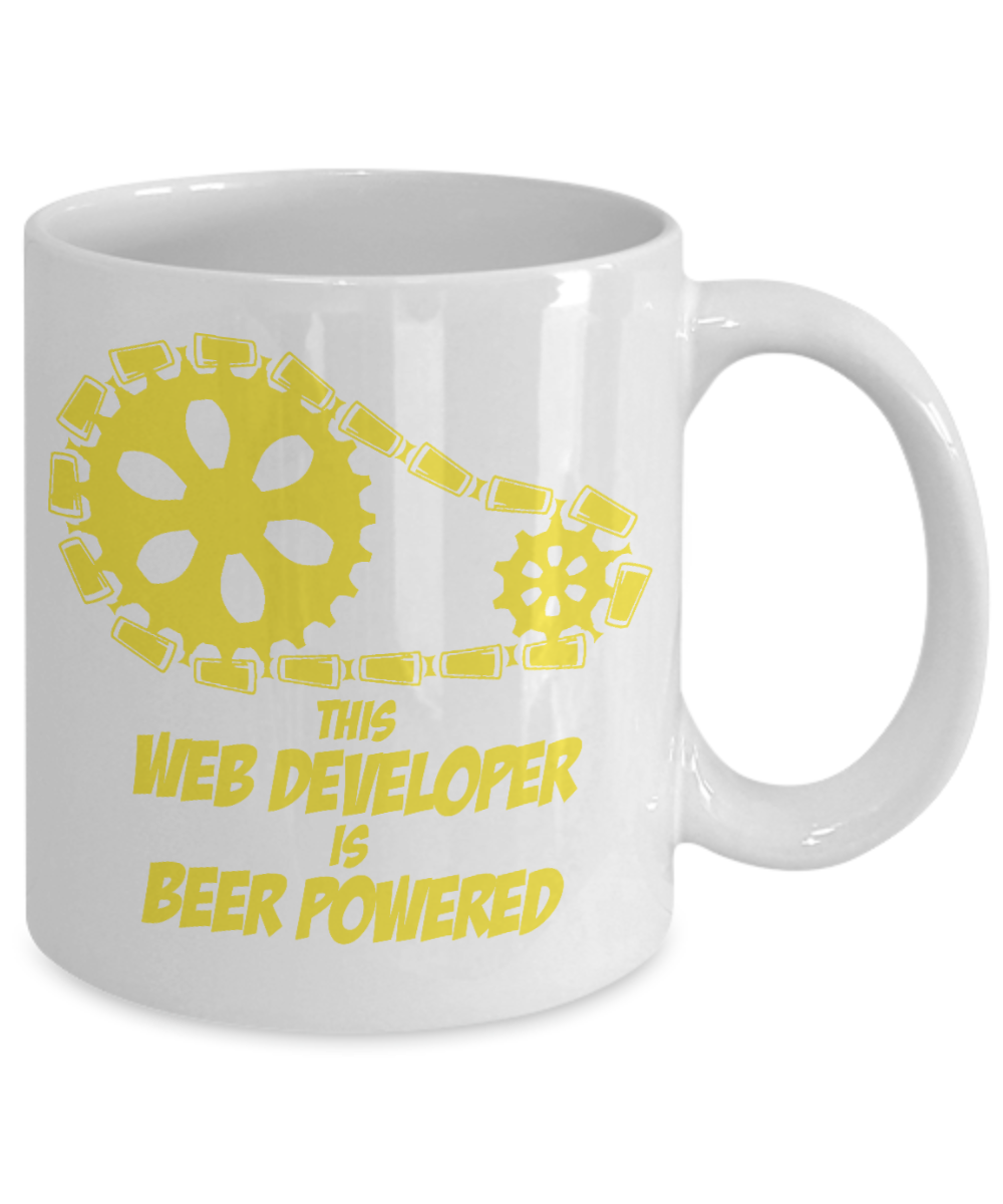 Computer Geek Gift Coffee mug, This Web Developer Is Beer Powered-White Porcelain Coffee Mug 11 oz for Software, Web, Developer, Programmer, Computer Engineer, App Developer