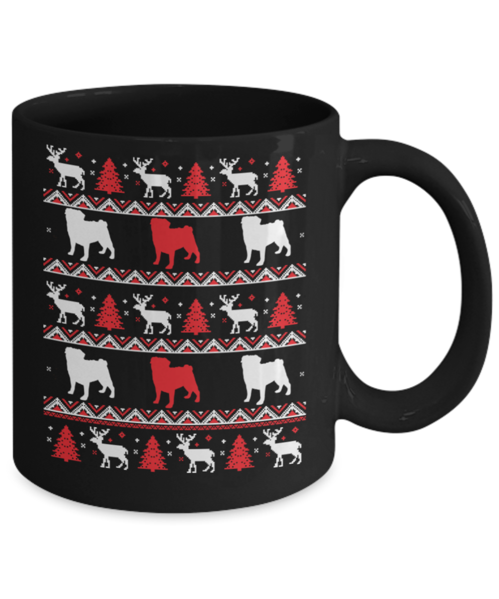 Gift gor dog lovers , Pug Xmas - Black Coffee Mug Porcelain Tea Cup 11 oz - Great Gift