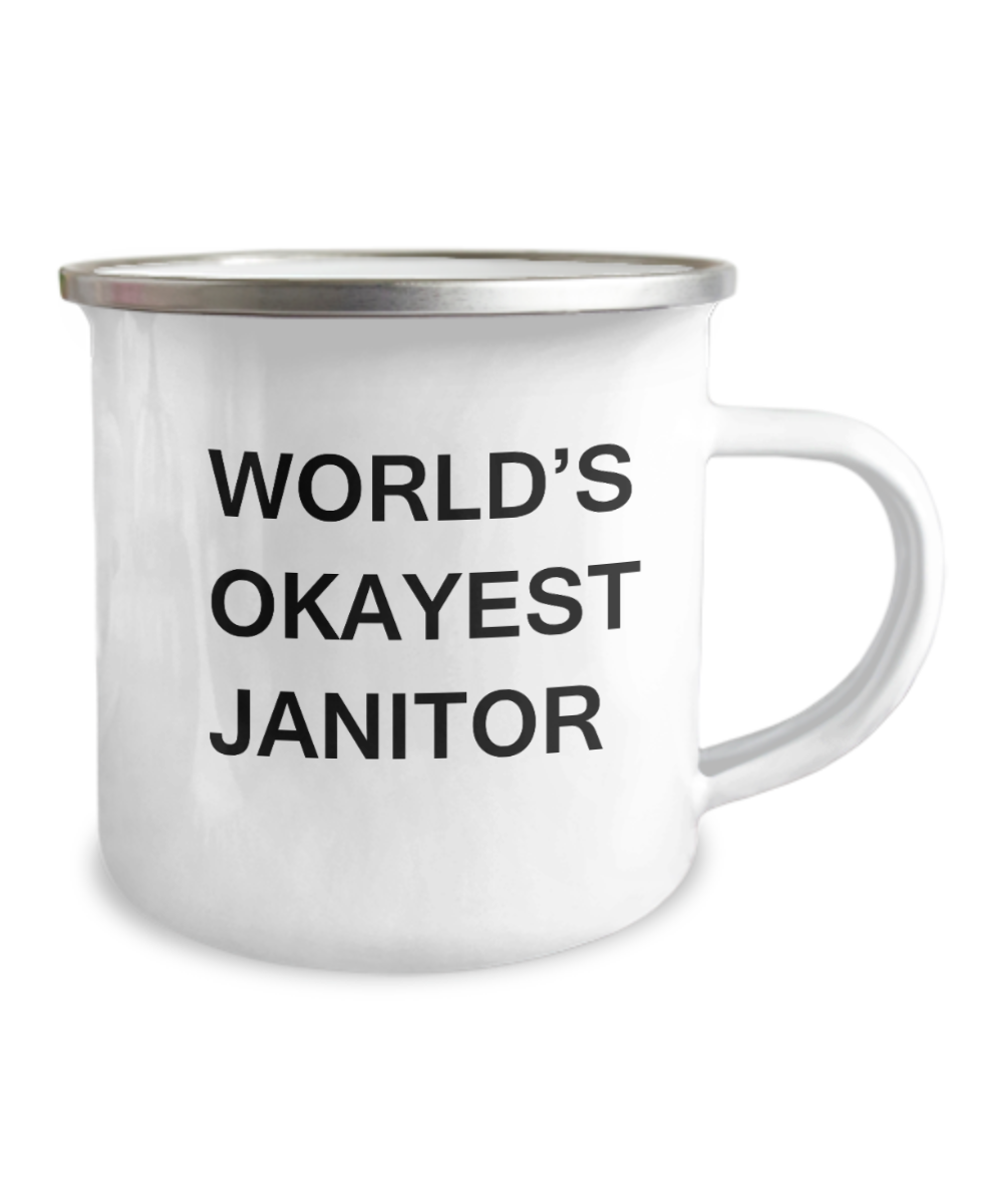 Funny Mug - World's Okayest Janitor- White Funny Coffee Mug & Coffee Cup-12 Oz Stainless Steel Enamel Finish White Camper Coffee Mug