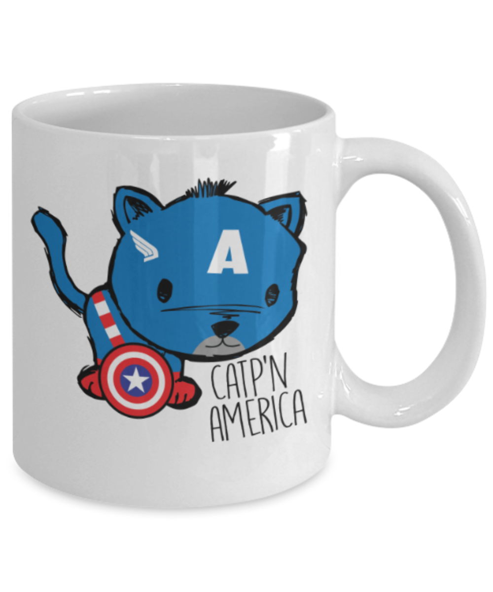 Gift gor cat lovers , Catp'n America - White Coffee Mug Porcelain Tea Cup 11 oz - Great Gift