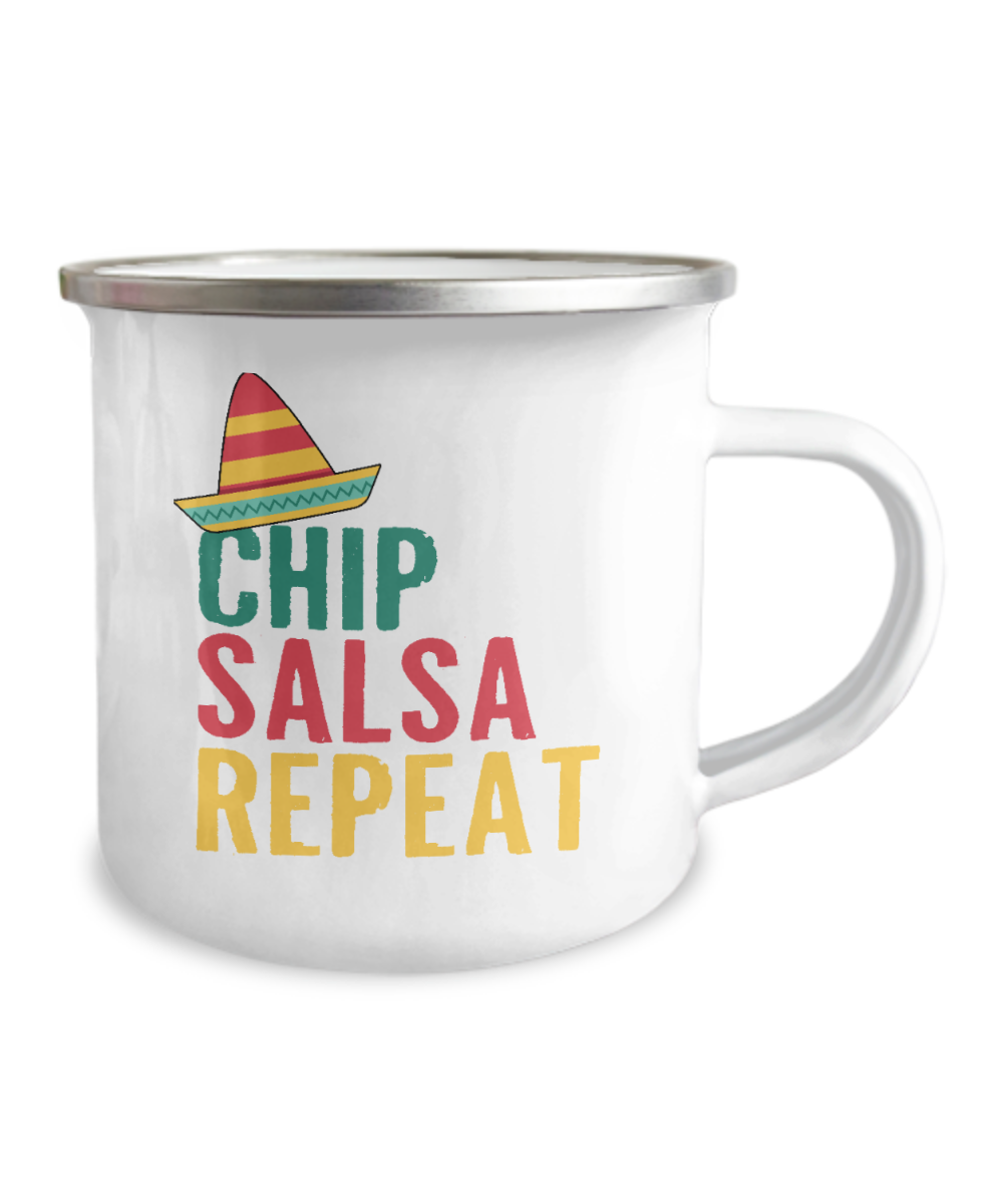 Chip Salsa Repeat- 12 Oz Stainless Steel Enamel Finish White Camper Coffee Mug