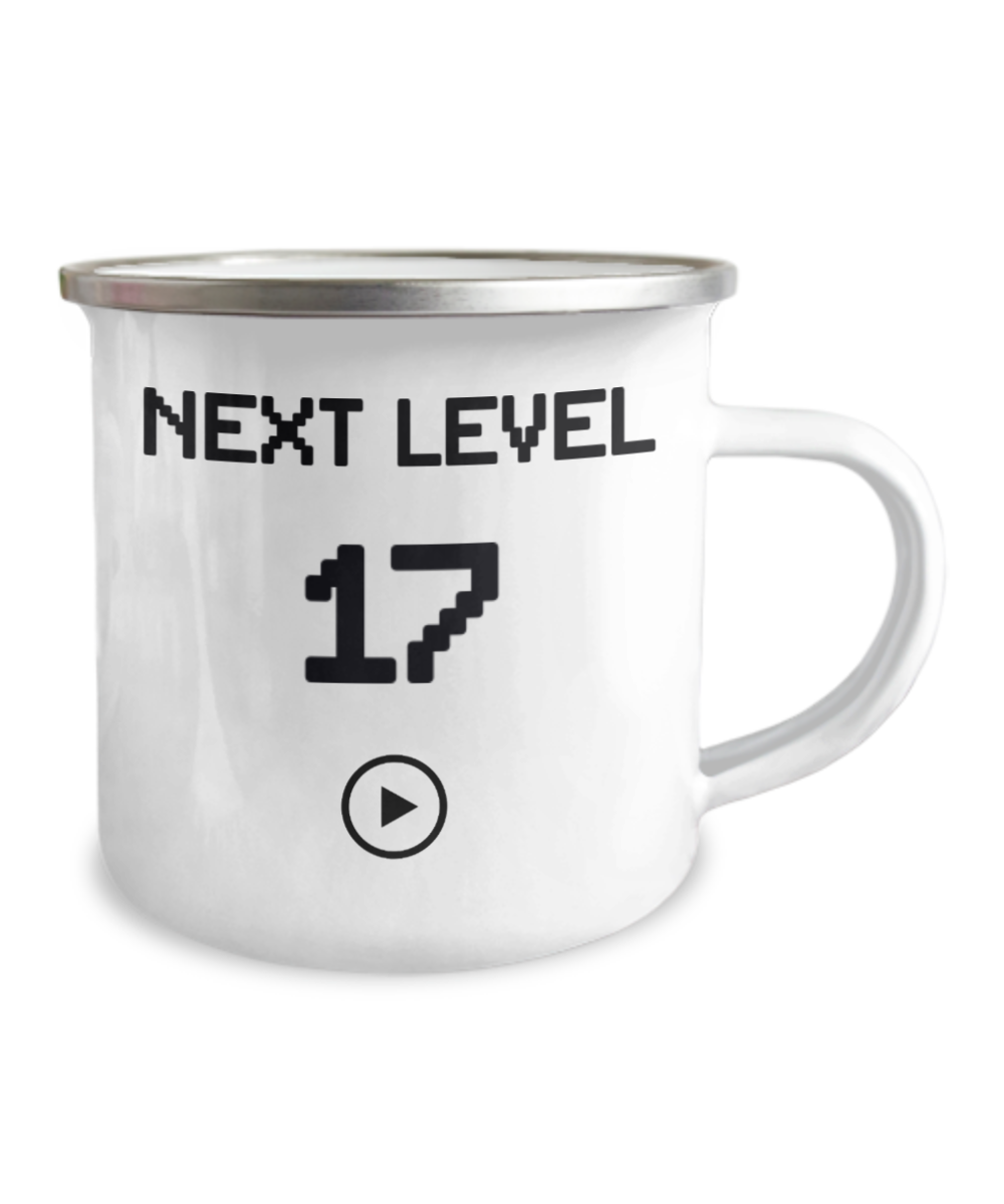 17th Birthday Special Gift Coffee Mug, Next Level 17, Gamer Coffee Mug, Birthday Mug- 12 Oz Stainless Steel Enamel Finish White Camper Coffee Mug