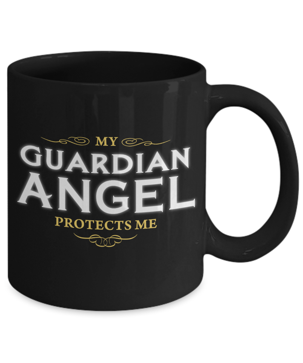 My Guardian Angel protects me - Funny Black Porcelain Coffee Mug Cute Ceramic Cup 11 oz