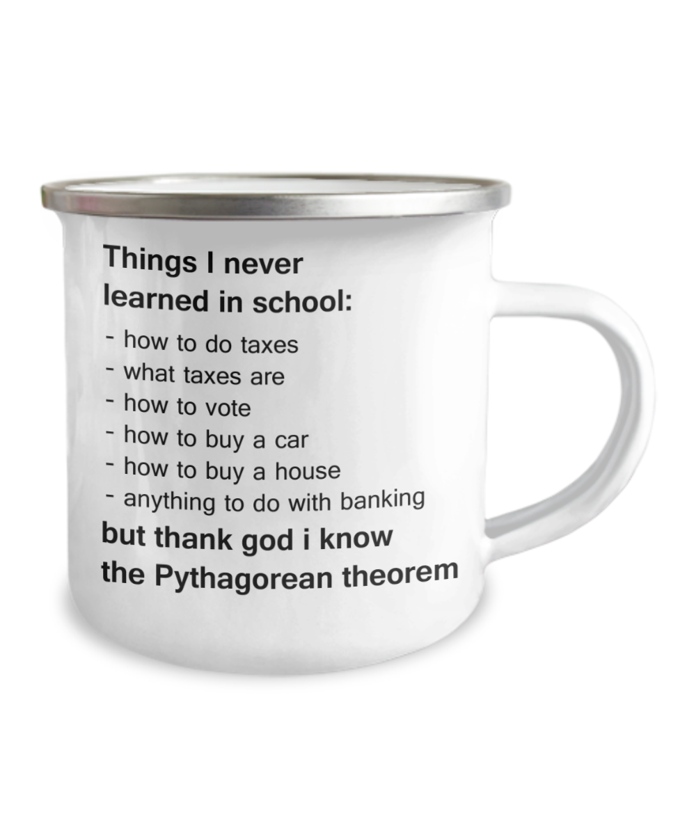 Pythagorean Theorem Funny Camper coffee mugs, Premium- 12 Oz Stainless Steel Enamel Finish White Camper Coffee Mug