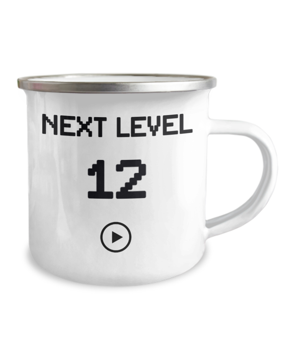 12th Birthday Gift Coffee Mug For Kids, Next Level 12, Gamer Coffee Mug, Birthday Mug- 12 Oz Stainless Steel Enamel Finish White Camper Coffee Mug
