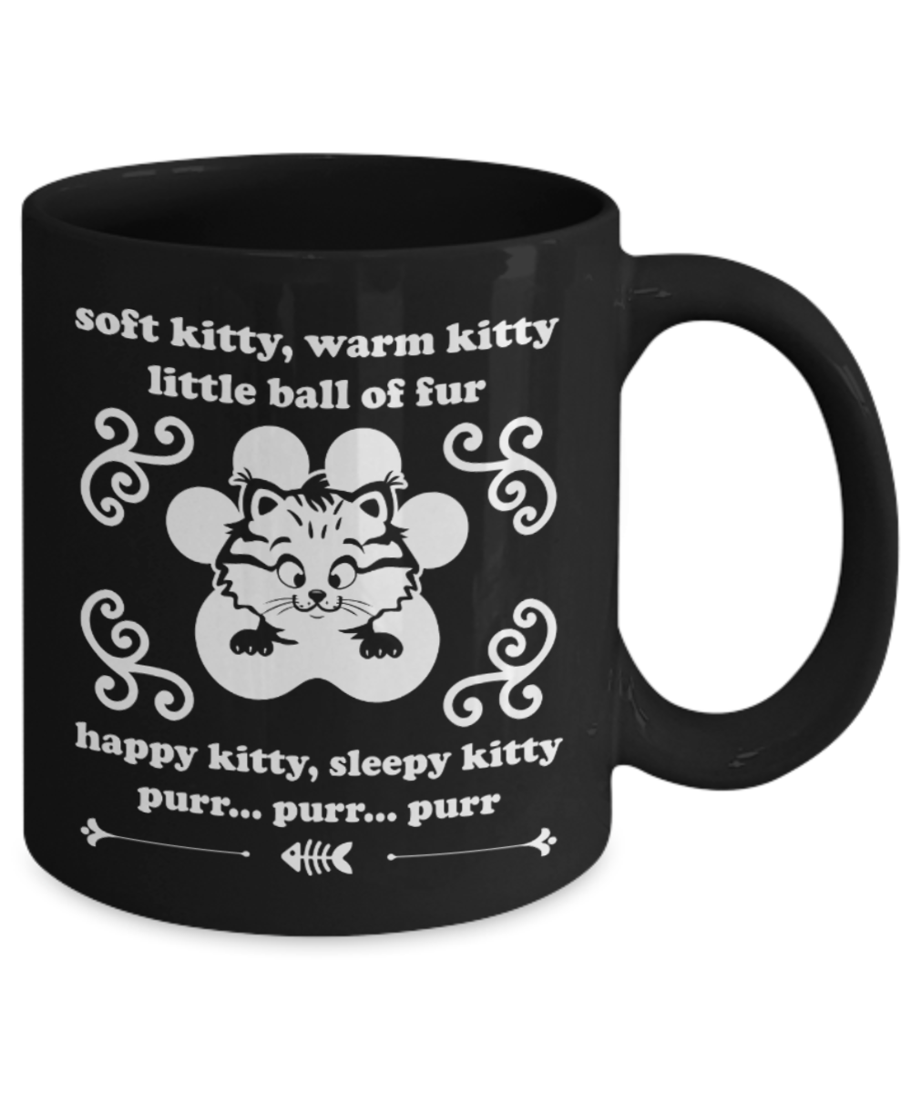 Gift gor cat lovers , Softy kitty warn kitty - Black Coffee Mug Porcelain Tea Cup 11 oz - Great Gift