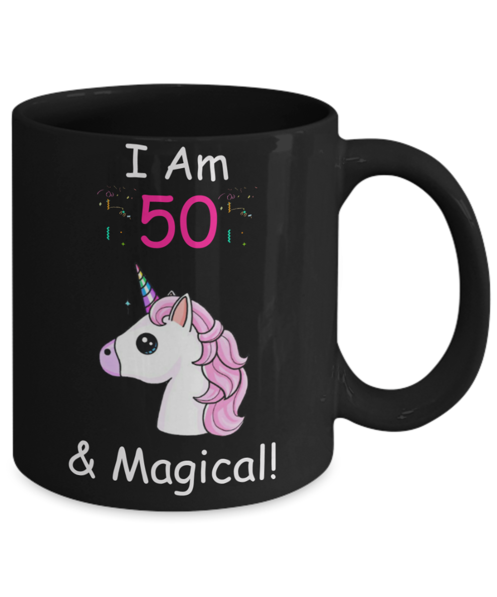 50th Birthday Gift for Women - I Am 50 & Magical Unicorn Mug - Funny Black Porcelain Coffee 11 oz for Grandma, Mom, Sister, Best Friend, Women, Her -Queens are Born In 1970