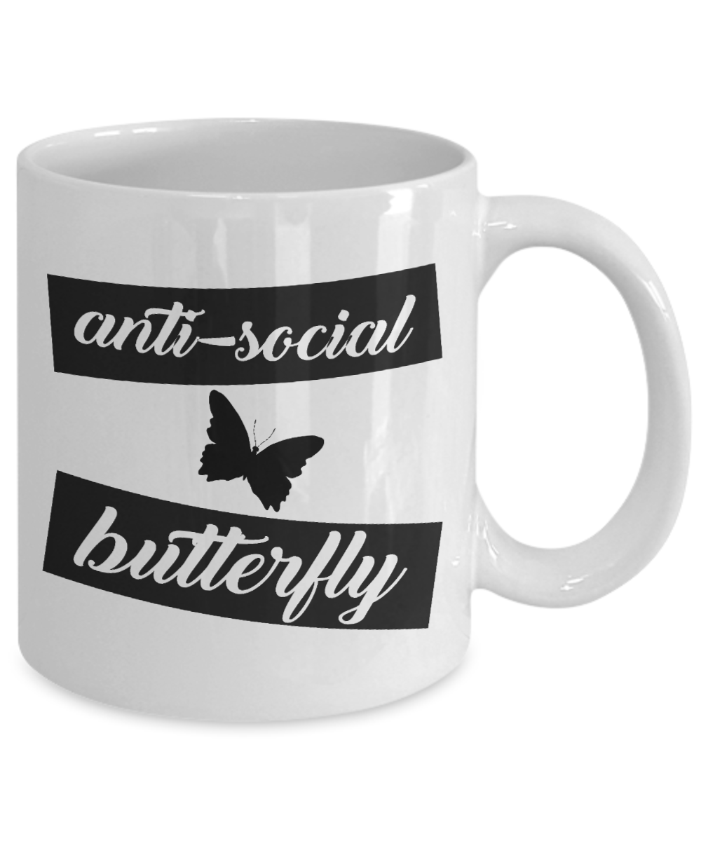 Butterfly Coffee Mug, Anti Social Butterfly - White Porcelain Coffee Mug 11 Oz
