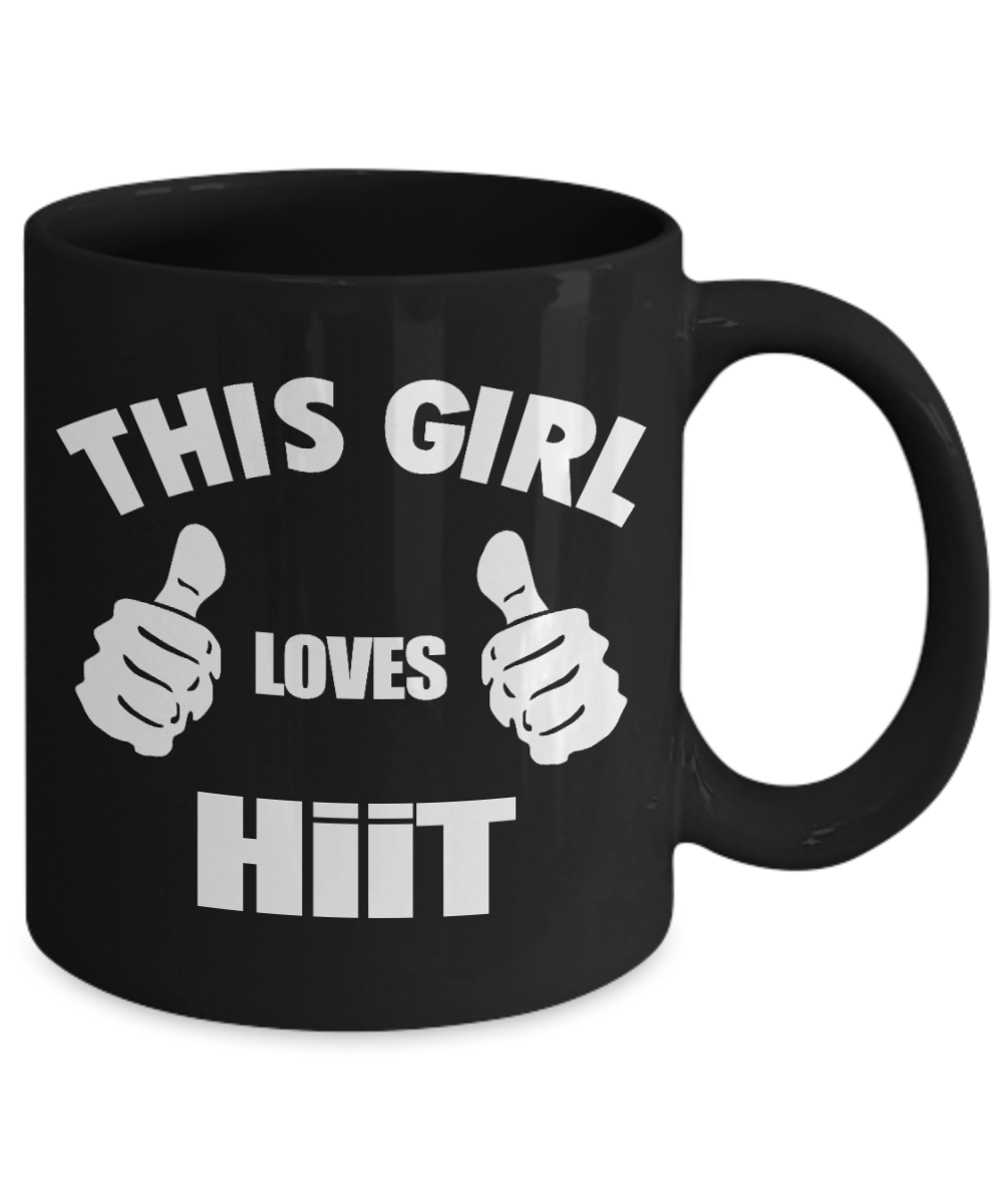 Workout Motivation Gift Coffee mug, This Girl Loves Hiit-Black Porcelain Coffee Mug 11 oz For Sister,For Her,Fitness Freak,Birthday Gift