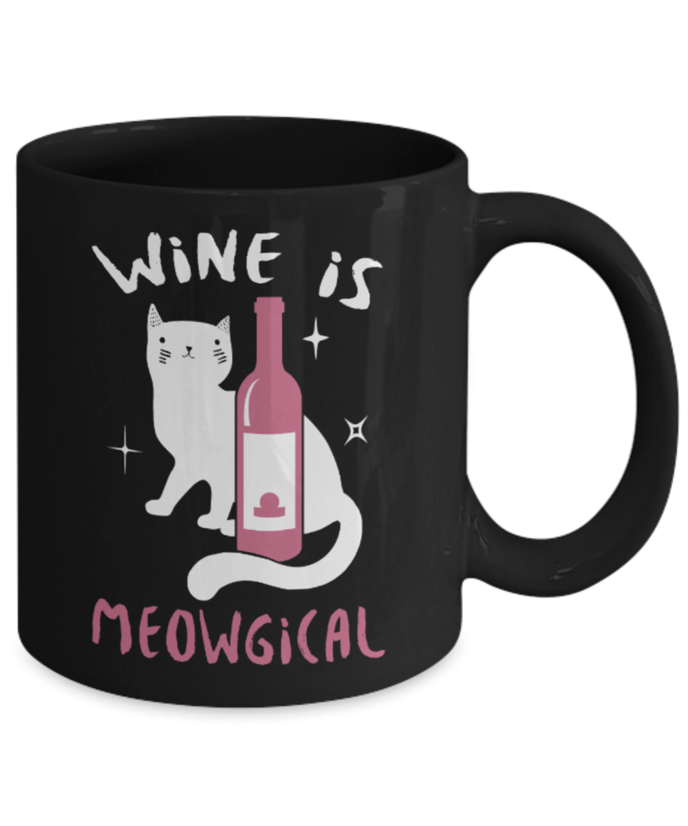 Dog Lovers Gifts , Wine is Meowgical - Black Coffee Mug Porcelain Tea Cup 11 oz - Great Gift