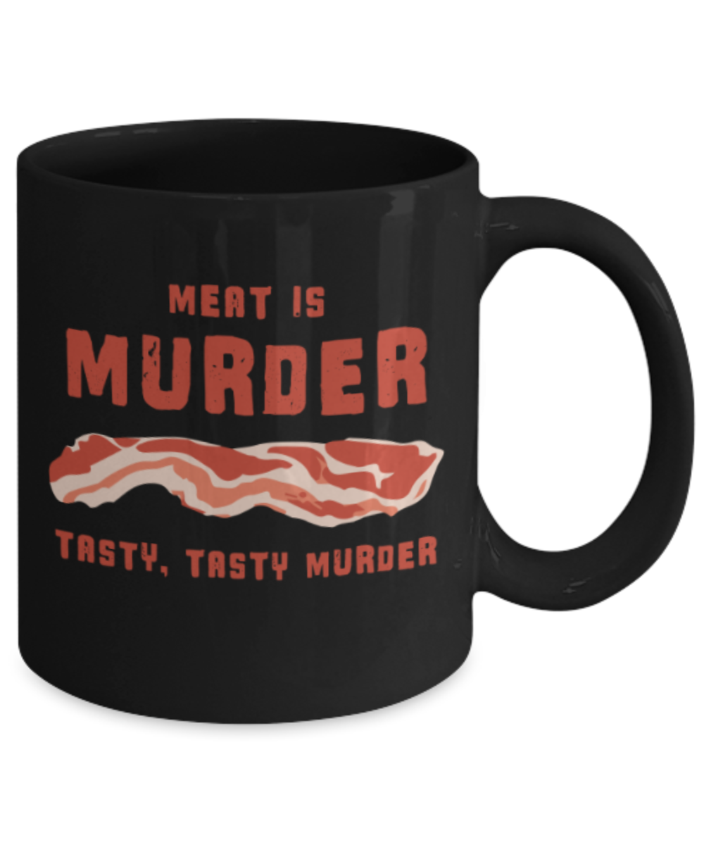 Food Lovers mugs , Meat is Murder - Black Coffee Mug Porcelain Tea Cup 11 oz - Great Gift