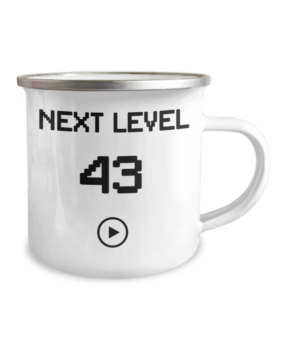 43rd Birthday Special Gift Coffee Mug, Next Level 43, Gamer Coffee Mug, Birthday Mug- 12 Oz Stainless Steel Enamel Finish White Camper Coffee Mug