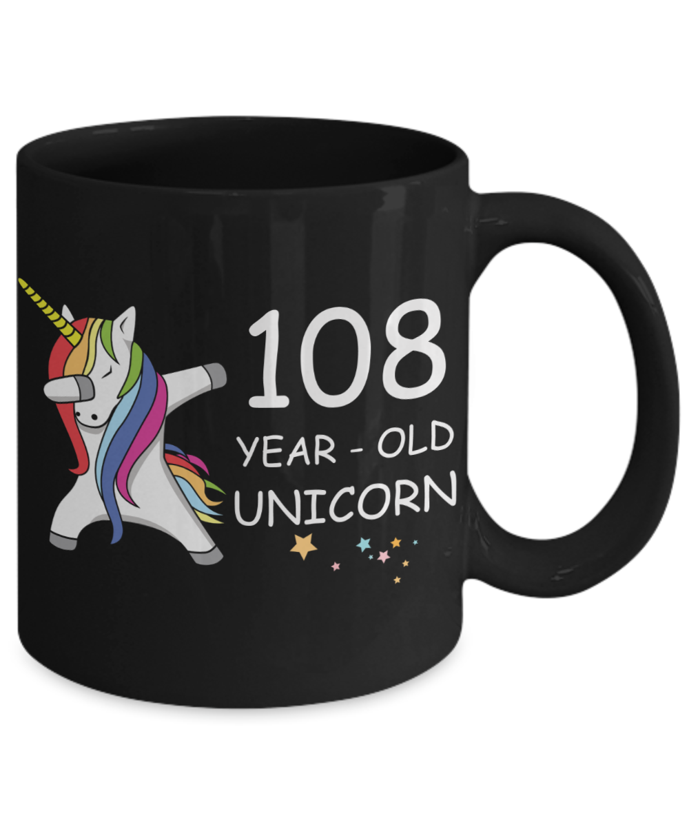 108th Birthday Gift for Women - 108 Year Old Unicorn Dabbing Mug - Funny Black Porcelain Coffee 11 oz for Grandma, Mom, Sister, Best Friend, Women, Her - Legends are Born In 1912