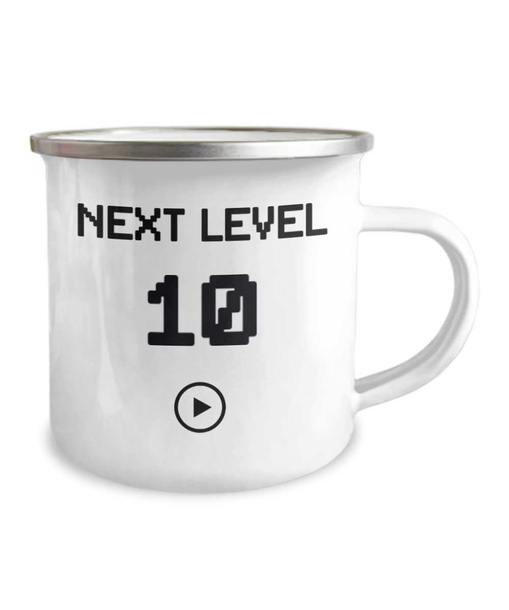 10th Birthday Gift Coffee Mug For Kids, Next Level 10, Gamer Coffee Mug, Birthday Mug- 12 Oz Stainless Steel Enamel Finish White Camper Coffee Mug